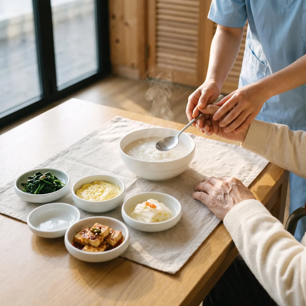 요양보호사가 어르신 곁에서 죽과 반찬을 떠 드리는 식사 시간